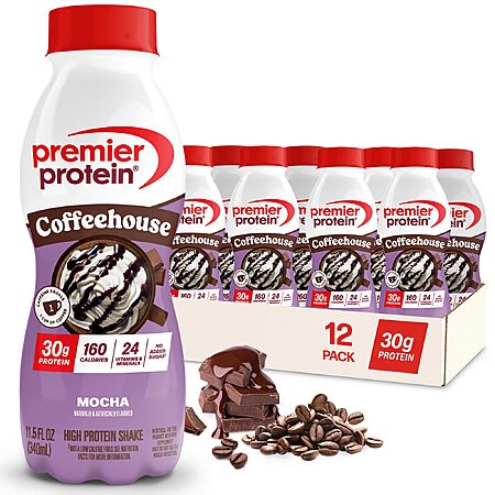 [S&S]Premier Protein COFFEEHOUSE 30g Protein Shake, Mocha, 12 Pack | Caffeinated Energy Beverage, 160 Calories, 24 Vitamins & Minerals, 11.5 oz
