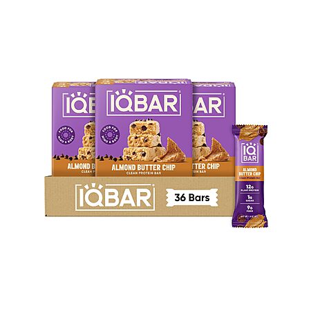 [S&S] IQBAR Clean High Protein Bars, Low Sugar Snack, Almond Butter Chip 36ct