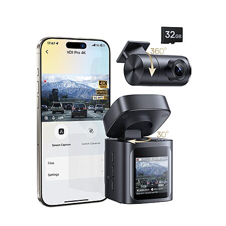 Baseus VD1 Pro Solar Dash Cam Front and Rear, 4K+1080P Dash Camera for Cars, Battery Powered Parking Mode, Starvis Night Vision, 32 GB Card Included $86.39