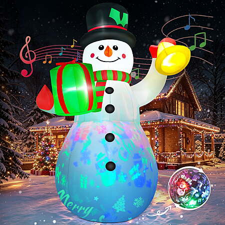 Yexmas 6.3FT Christmas Inflatable Snowman Blow Up Yard Decor with Gift Box and Bell, 360° Colorful Projection, Music On/Off Function, Built-in LED Lights