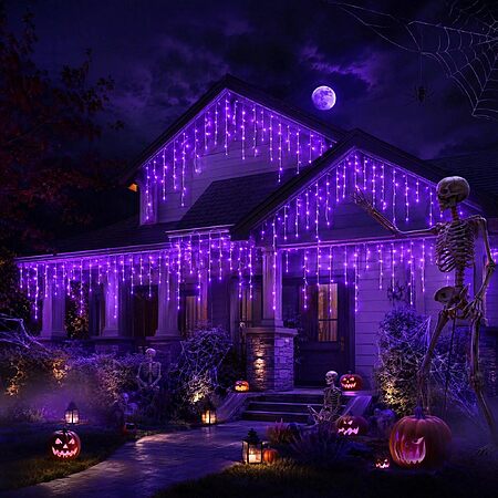 FLVOECN 720 LED 65FT Purple Halloween Ice Lights, Plug in Timer 8 Modes