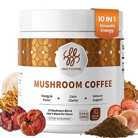 [S&S] iMATCHME Mushroom Coffee, 10 Adaptogens Blend, Medium Roast, 50 Servings