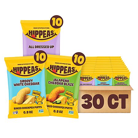 [S&S] Hippeas Chickpea Puffs, Variety Pack, Groovy White Cheddar, Jalapeño Cheddar, All Dressed, 30 x 0.8 oz, Baked Crunchy Chickpea Snacks