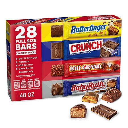 [S&S] Assorted Butterfinger, CRUNCH, Baby Ruth, 100 Grand Candy Bars 28 Ct, 48 Oz