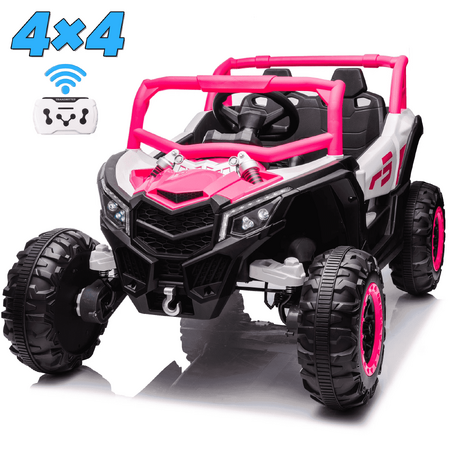 Joyracer 4WD 24 Volt Ride on Toys, 2 Seater Power Car wheels with Remote Control, Bluetooth, Spring Suspension, LED Light, Pink