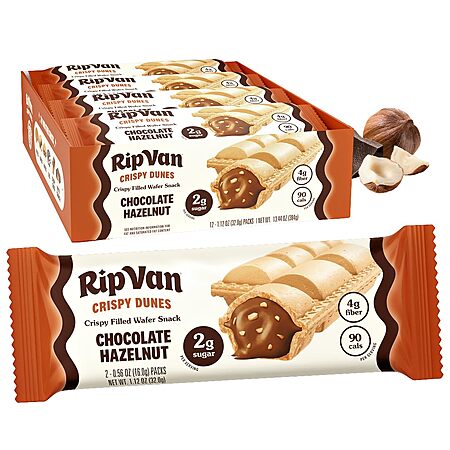 [S&S] Rip Van Crispy Dunes Vegan Chocolate Hazelnut Wafer Sticks – Low-Calorie Keto Snack with Hazelnut Cream Filling, 90 Calories, Non-GMO, Prebiotic Fiber - 12 Pack