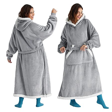 Bedsure Long Sherpa Wearable Blanket Hoodie Grey