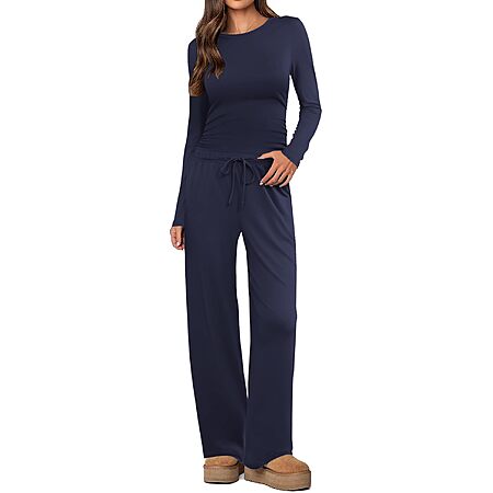 Ekouaer Women's 2 Piece Lounge Sets Ruched Top and Wide Leg with Pockets
