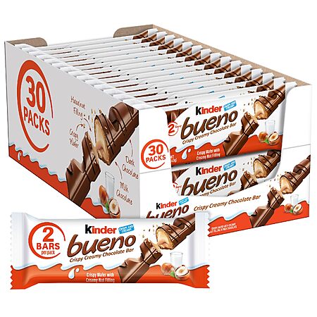 [S&S] Kinder Bueno milk chocolate bars, crispy wafer hazelnut cream snacks, 30 ct
