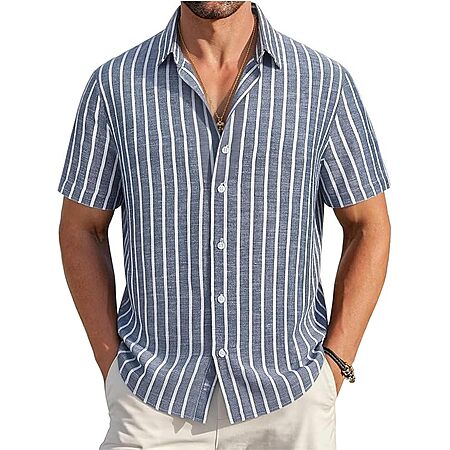 Alex Vando Mens Linen Button Down Short Sleeve Striped Beach Summer Shirt
