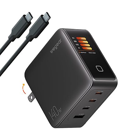 wegear 140W GaN USB C Charger Block, 4-Port PD3.1 Fast Wall Charger with Smart Display & Touch Control, Foldable Power Adapter with 240W USB-C Cable