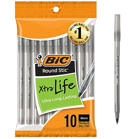 [S&S] BIC Round Stic Black Ballpoint Pens, Medium Point, 1.0mm, 10-Count