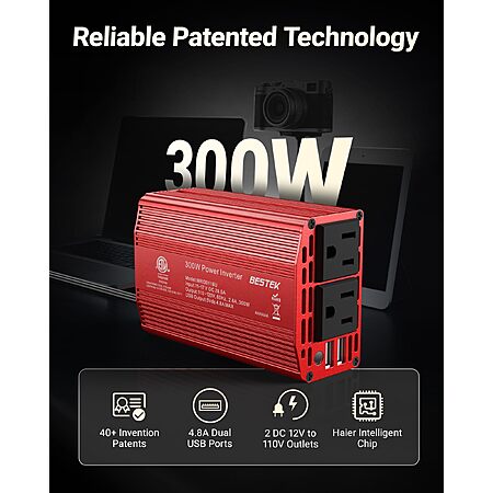 BESTEK Power Inverter DC 12-17V to AC 110V - 300W Car Plug Adapter Outlet