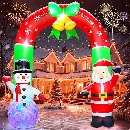 Yexmas 8FT Christmas Inflatable Archway,Christmas Blow Up Yard Decorations with Santa Claus and Snowman,Outdoor Christmas Decorations with Bow LED Lights