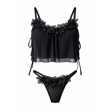 Avidlove Sexy Floral Applique Lingerie 2 Piece Sheer Mesh Cami Thong Set