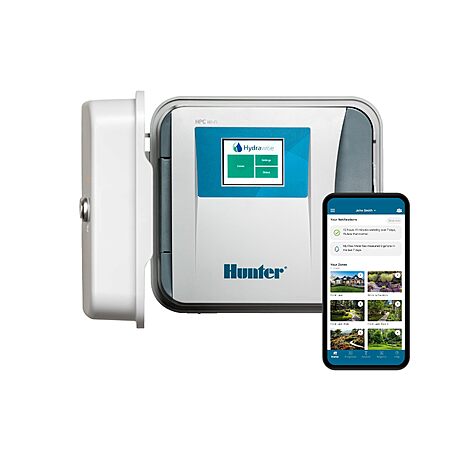 Hunter HPC400 Sprinkler Controller, 4 Zone, WiFi Smart Sprinkler Timer | Indoor/outdoor 4 station irrigation controller with Hydrawise app control, touchscreen