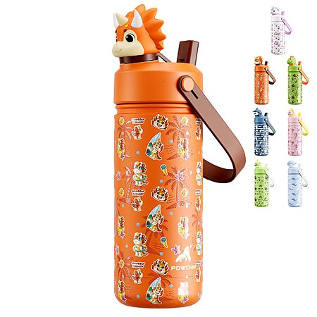 POWCAN 18 oz Kids Water Bottle Insulated: 2-in-1 Straw Spout Lid with Soft Animal Head, BPA-Free, Leakproof