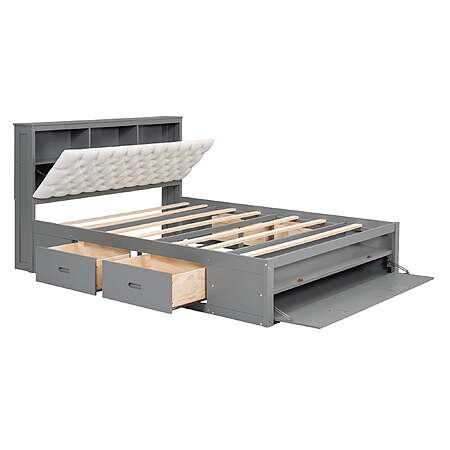 Euroco Wood Queen Platform Bed with Storage Headboard, Drawer and Shoe Cabinet for Living Room, Gray