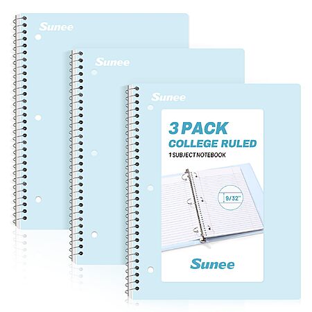 SUNEE Spiral Notebooks, 3 Pack, 1-Subject, College Ruled Paper, 8" x 10-1/2", 70 Sheets per Notebook, Blue
