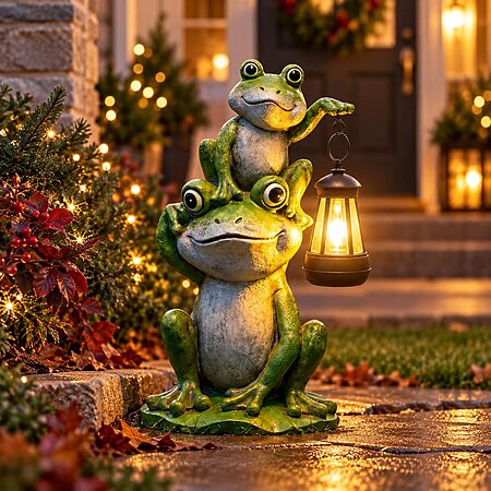 Lyeasw Solar Frog Garden Statue with Lantern, Outdoor Figurine Lights Decor | 2 Frogs Design, Lawn Patio Yard Ornament