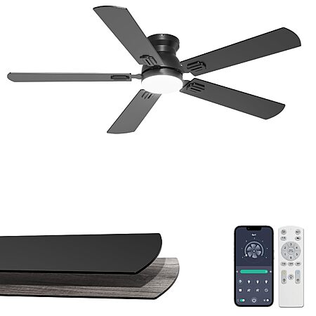 Phylluz 52'' Black Flush Mount Ceiling Fan with Lights for Bedroom