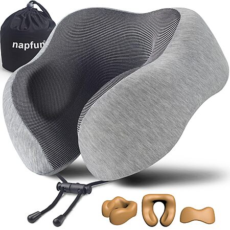 napfun Neck Pillow for Traveling, Upgraded Travel Neck Pillow for Airplane 100% Pure Memory Foam Travel Pillow for Flight Headrest Sleep -Grey
