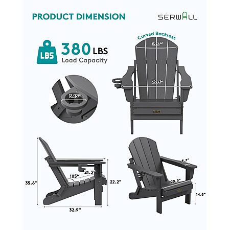 SERWALL Folding Adirondack Chair with Cup Holder, Fire Pit Chairs - Army green