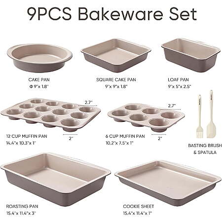 CAROTE 9-Piece Stackable Nonstick Bakeware Set, Includes Cookie Sheet, Muffin, Bread, Cake, Loaf & Roasting Pans, Gray & Khaki