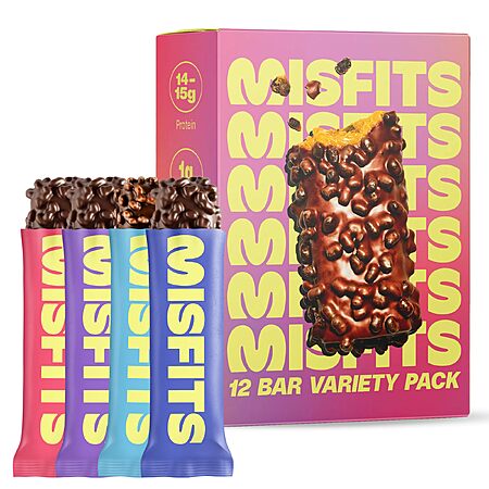 [S&S] Misfits Protein Bar Variety Pack | Nutrition Bars - 14-15g Protein, 1g Sugar, Plant-based, Low Carb, Non-GMO, Gluten Free Snacks Pack of 12