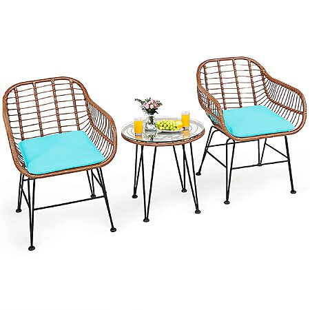 3 Piece Patio Conversation Bistro Set, Outdoor Wicker Furniture w/Round Tempered Glass Top Table & 2 Rattan Armchairs, Bistro Chat Set w/Seat Cushions STARTING at