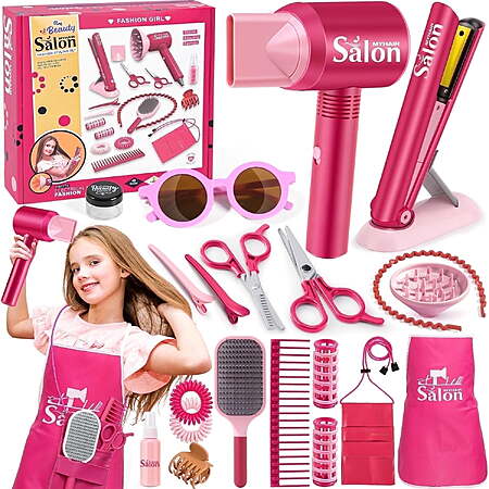 Adofi Girl Toys, 22 Pieces Play Hair Salon with Realistic Blow Dryer, Straightener, Pretend Play Makeup for Little Girls
