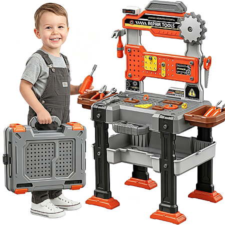 Adofi 2 in 1 Kids Tool Bench Play Set for Toddlers, 155 PCS Play Toolbox with Electric Drill and Realistic Tool