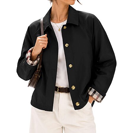 LOMON Womens Short Trench Jacket Plaid Lining Button Front $24.78 AC