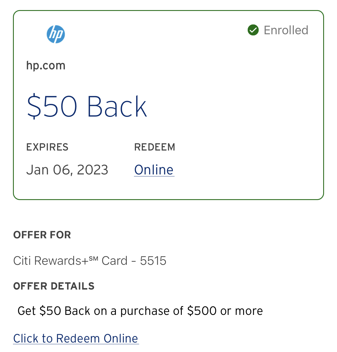 Citi Merchant Offers - Spend $500+ at HP.com and get $50 back - $500