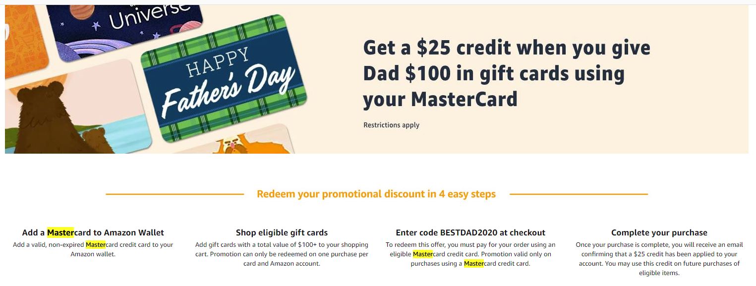 YMMV $25 credit when you buy $100 Amazon Giftcard (using MasterCard Credit Card)