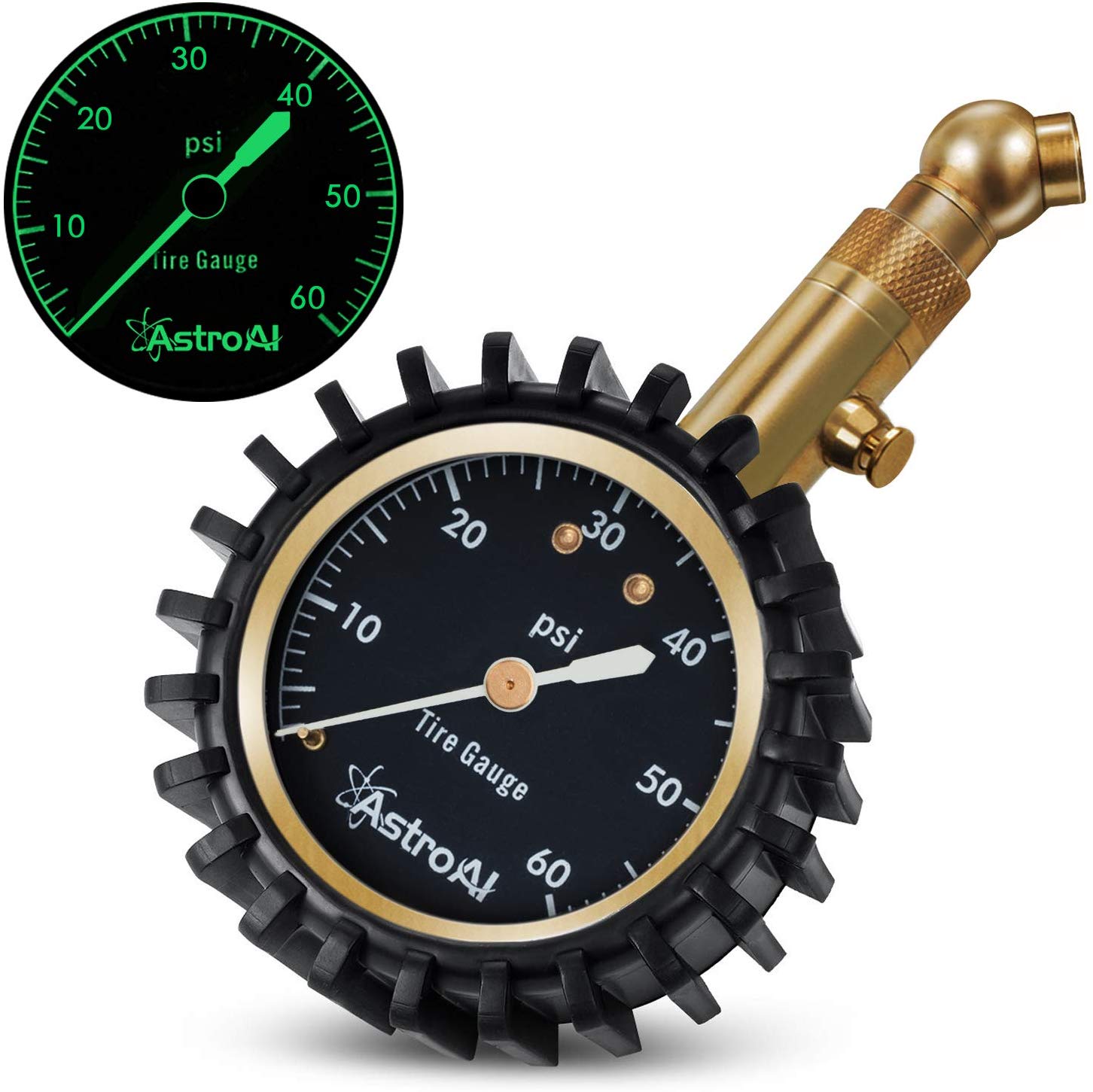 Tire Pressure Gauge, 60 PSI Portable Heavy Duty with Glow Dial and Solid Brass Construction - $9.49