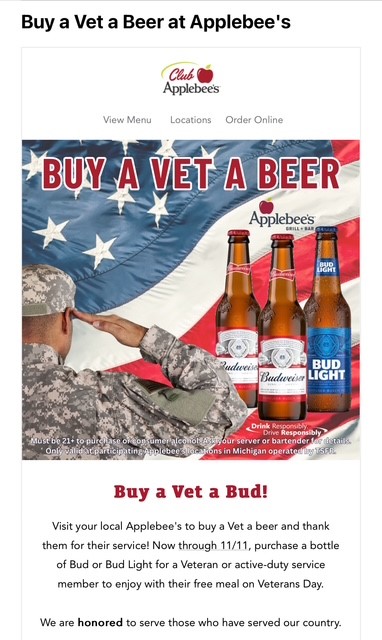 Applebee's - Free Meals For Veterans on 11/11 | Buy a Vet a Bud
