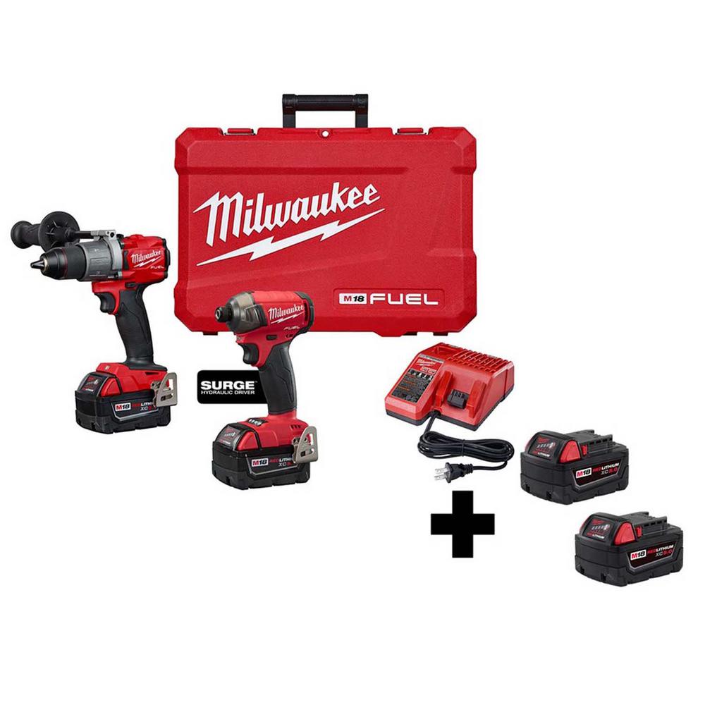 Milwaukee M18 FUEL 18-Volt Lithium-Ion Brushless Cordless Surge Impact/Hammer Drill Combo Kit with 2 Free 5.0 Ah Batteries $399