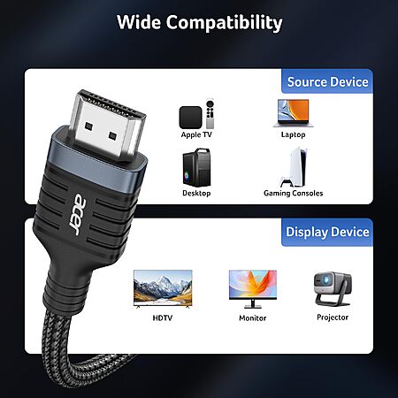 acer HDMI 2.1 Cable 6.6FT, [8K@60Hz, 4K@120Hz] 48Gbps Ultra High-Speed Braided Cord Supports HDR10+/HDCP 2.2 & ARC/eARC, Certified HDMI Cable $8.97