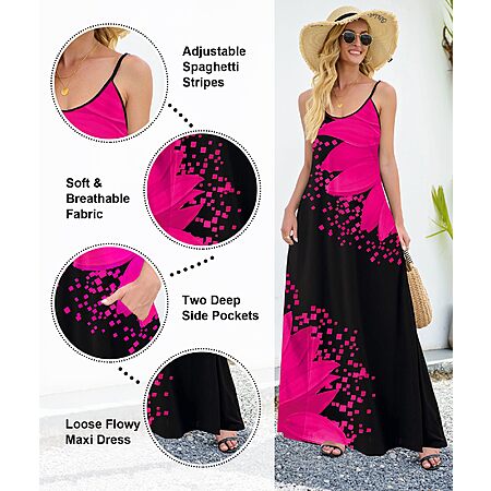 Wolddress Sleeveless Sundress Flowy Party Maxi Dress Adjustable Spaghetti Straps Dress for Daily Wear Work Coffee Shopping $14.98