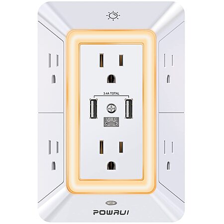 Multi Plug Wall Outlet Night Light, POWRUI 6 Outlet Extender & 3 USB Ports