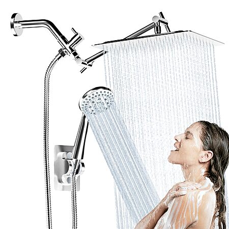 Shower Head with Handheld Spray, 8" High Pressure Rain Shower Head Combo with Adjustable Extension Arm, 5 Spray Modes Dual Showerhead Set, Detachable Handheld Shower