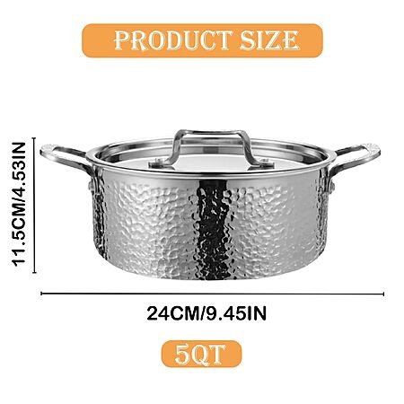 Vivicreate Tri Ply Stainless Steel Stock Pot with Lid 5 Quart Hammered Stockpot Induction Cooking Pot Soup Pot Compatible with All Stovetops (5QT)