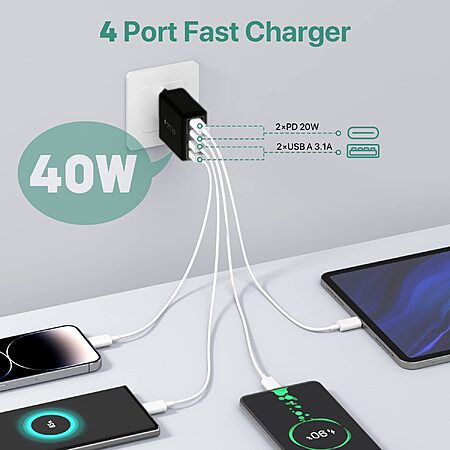 USB C Wall Charger, 40W 4-Port USB C Charger Block, Fast Charging Block Dual Port PD+QC Wall Plug Multiport Type C