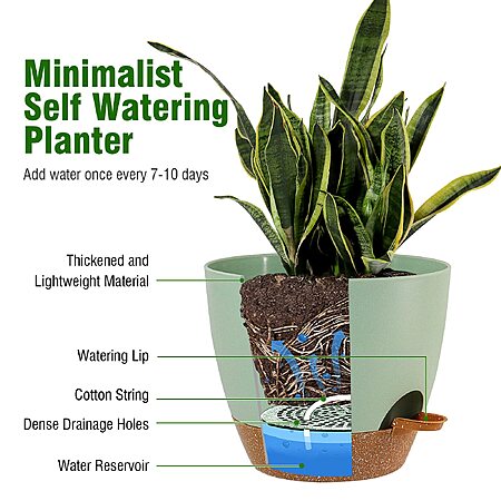 UOUZ Large Self Watering Pots, 12/10/9 Plastic Planters with High Drainage Holes and Deep Reservoir for Indoor Outdoor Garden Plants and Flowers, Green with Brown