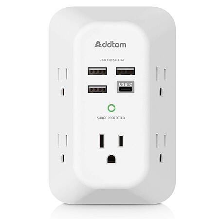 Addtam Surge Protector Outlet Extender with 5 AC and 4 USB Ports, 4.5A