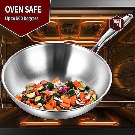 LOLYKITCH Tri-ply Stainless Steel Stir Fry Wok Pan with Lid,12 inch Stri Frying Pan,Induction Pan,Dishwasher and Oven Safe,Removable Handle.