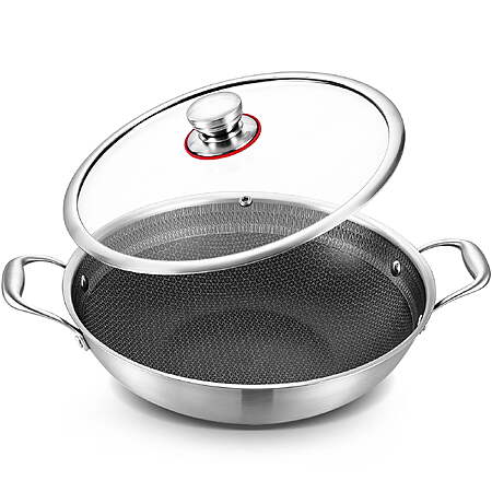 LOLYKITCH Ceramic Non-Stick Tri-ply Stainless Steel Stir Fry Wok Pan with Lid,12 inch Induction Cooking Pan,Dishwasher and Oven Safe.