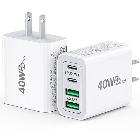 2-Pk 4-Port 40W Max Dulums PD+QC USB-C/A Wall Charger