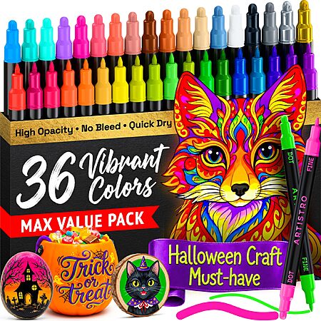 ARTISTRO 36 Multicolor Dual-Tip Acrylic Paint Marker Pens | Pumpkin Painting & Decorating Kit for Halloween & Fall Crafts, Fabric, Rock, Glass
